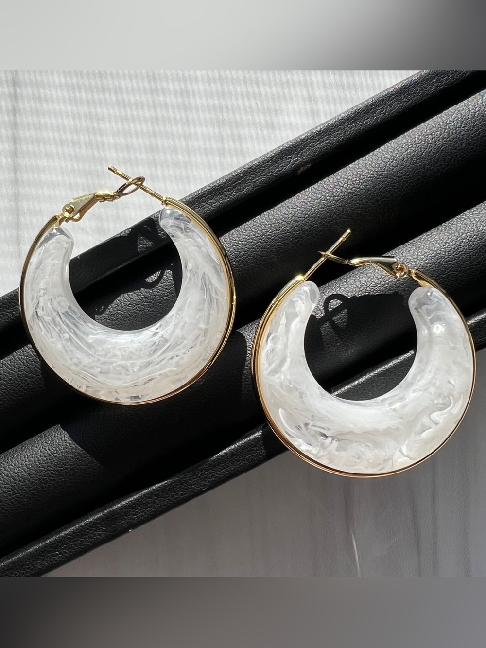 Bella White Marbled Hoop Earrings